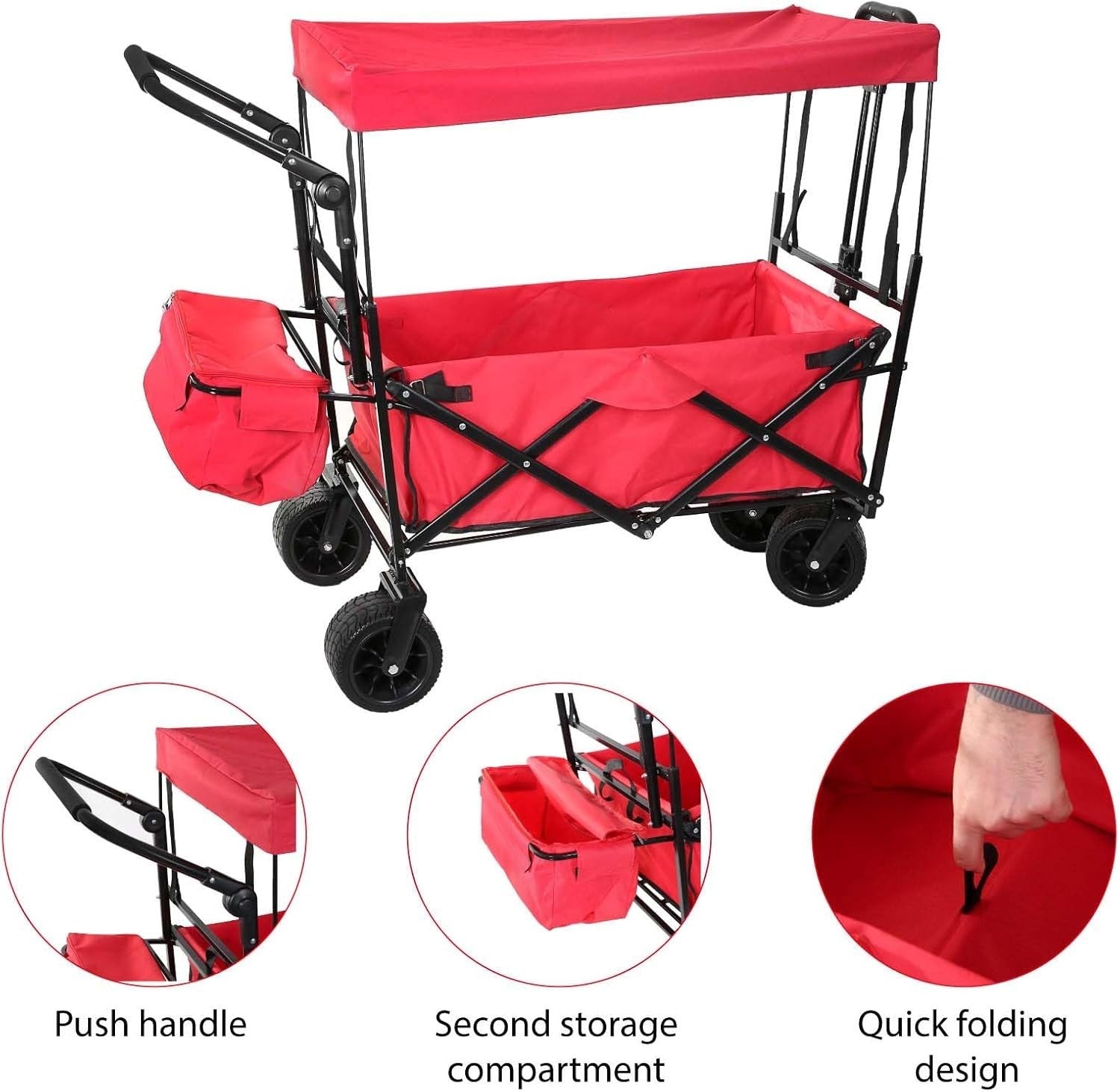 Folding Push Pull Wagon w/ Canopy Heavy Duty 100KG Cart Adjustable Handle Red