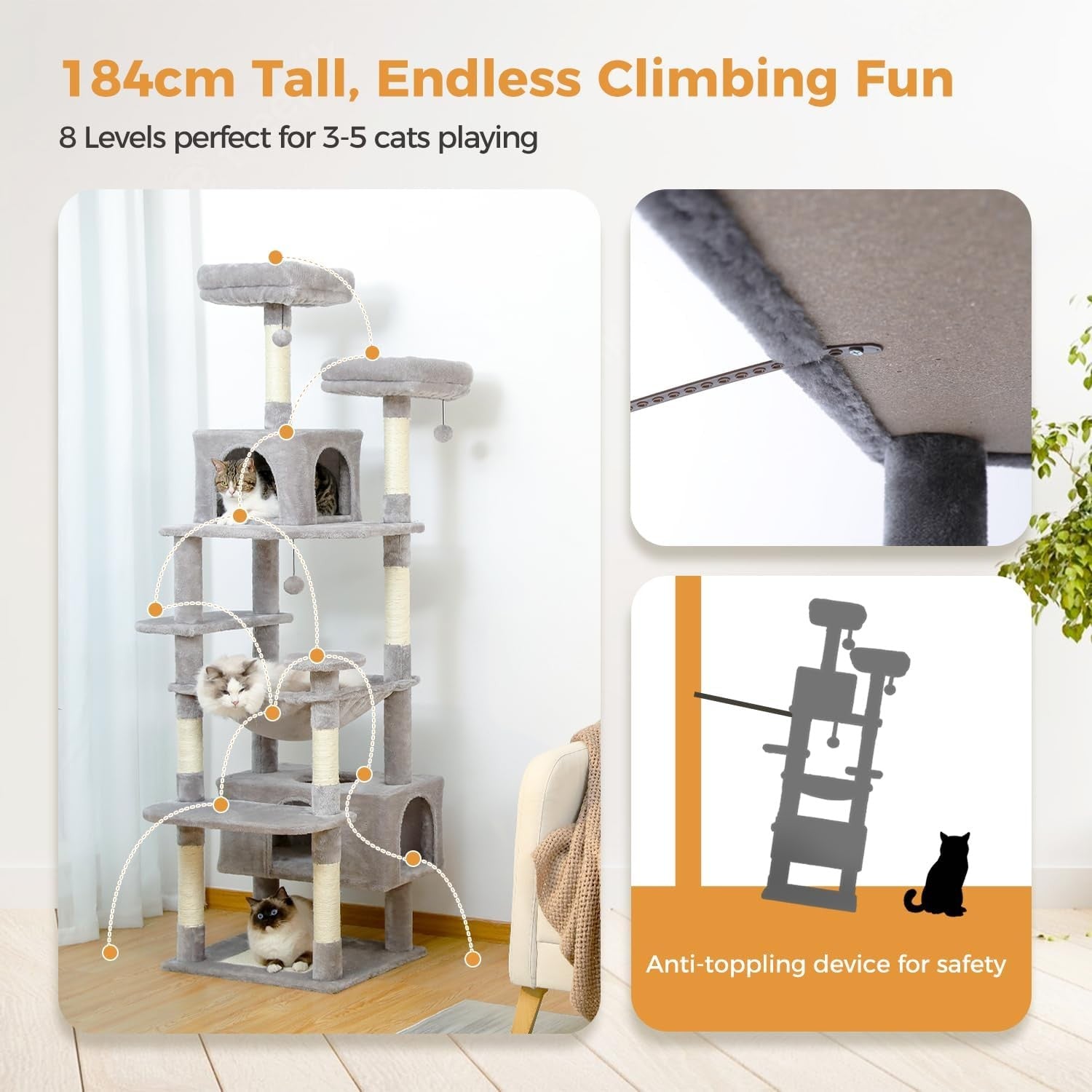 Large Cat Tree 184cm Extra Tall Multi Level Tower For Big Cats With Condo