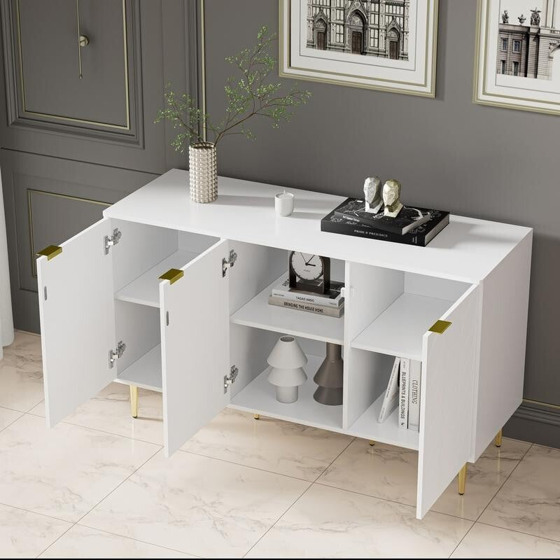 Modern White Storage Cabinet with Gold Legs – 4-Door Sideboard Unit 127cm