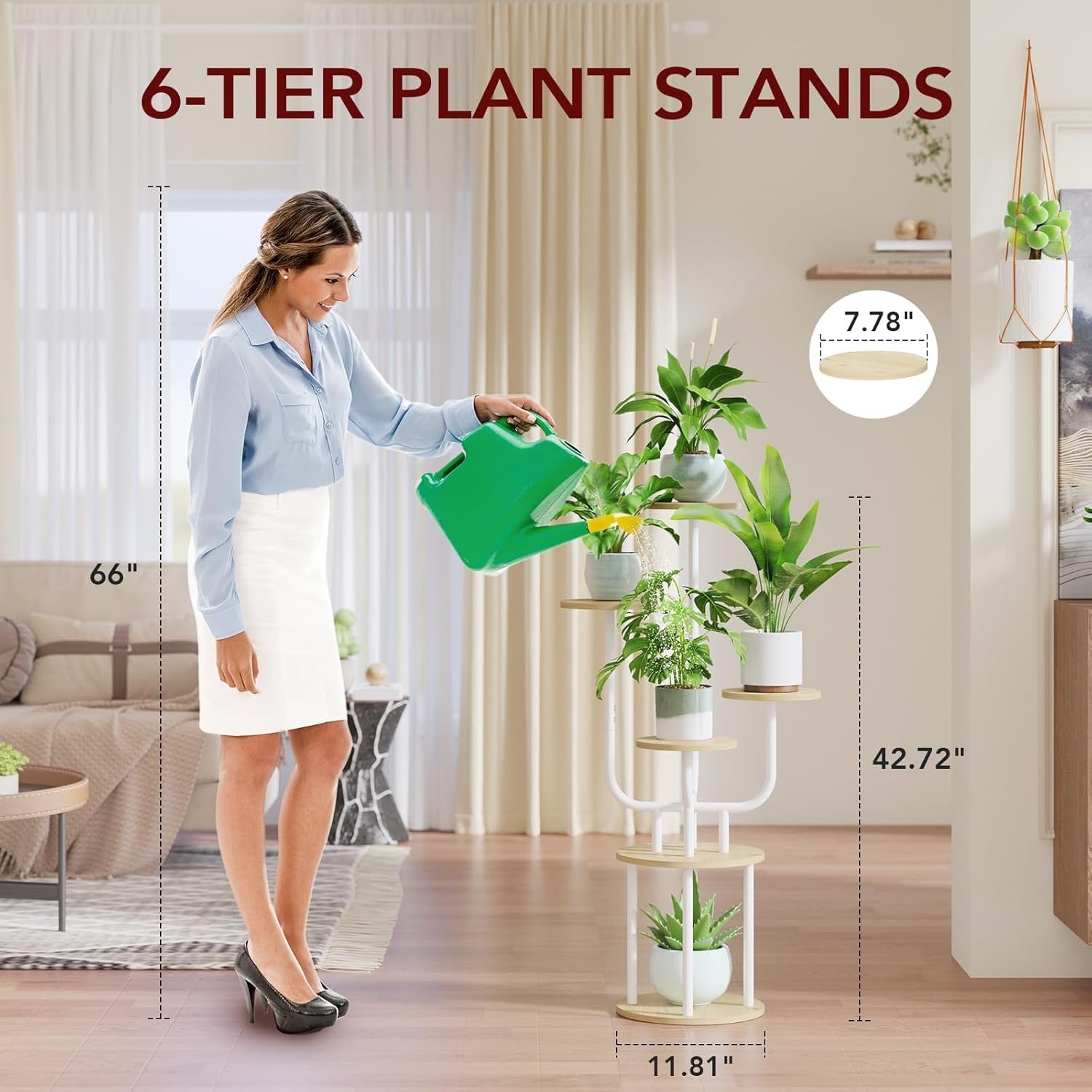 6 Tier Metal Wood Plant Stand White with Grow Light Indoor Corner Shelf Rack