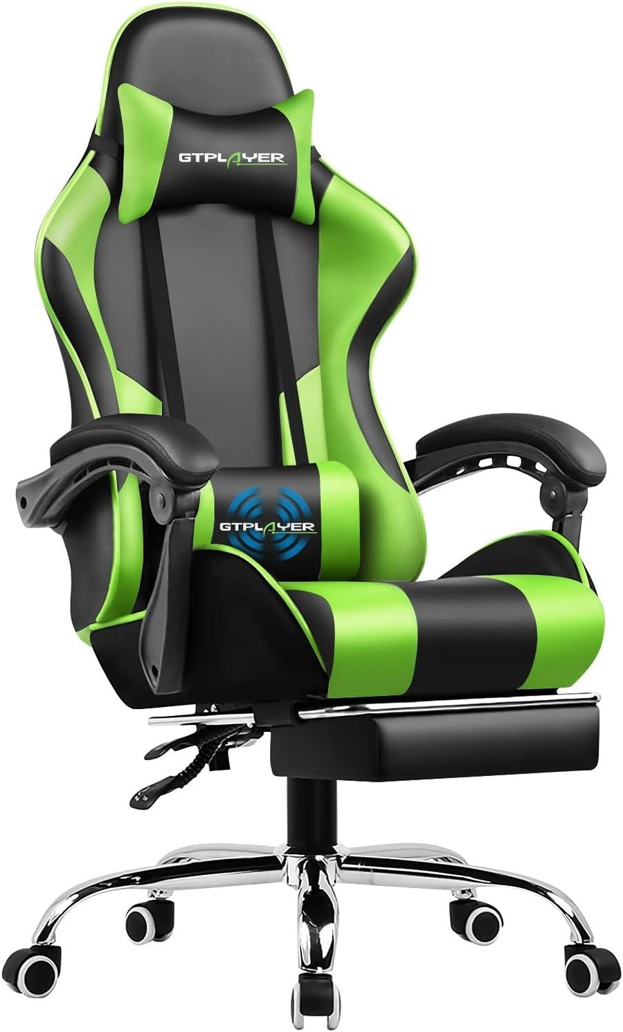 Gaming Chair Faux Leather Reclining Massage Lumbar Support Footrest Green