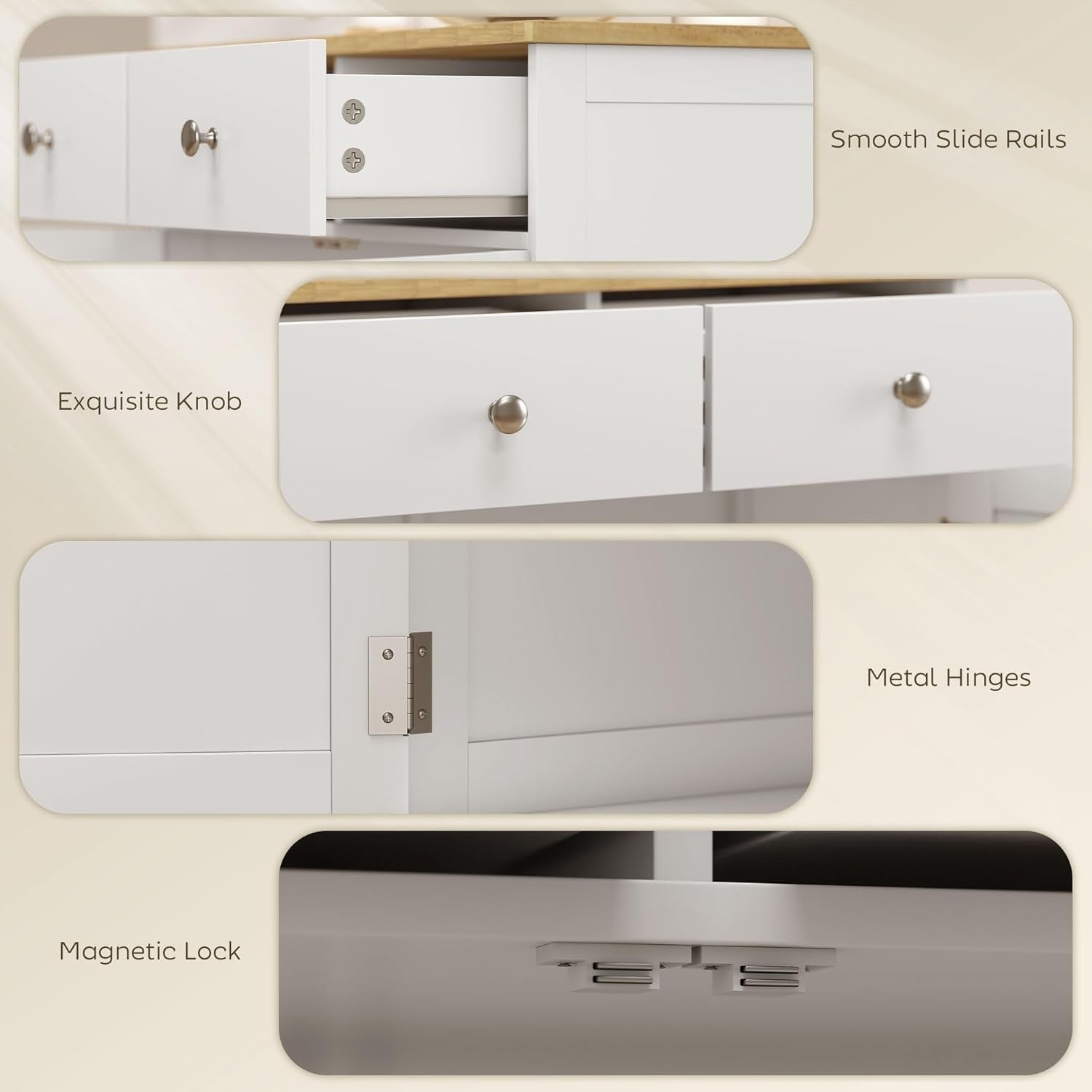 White Kitchen Sideboard Cabinet with Wood Top, Drawers & Adjustable Shelf