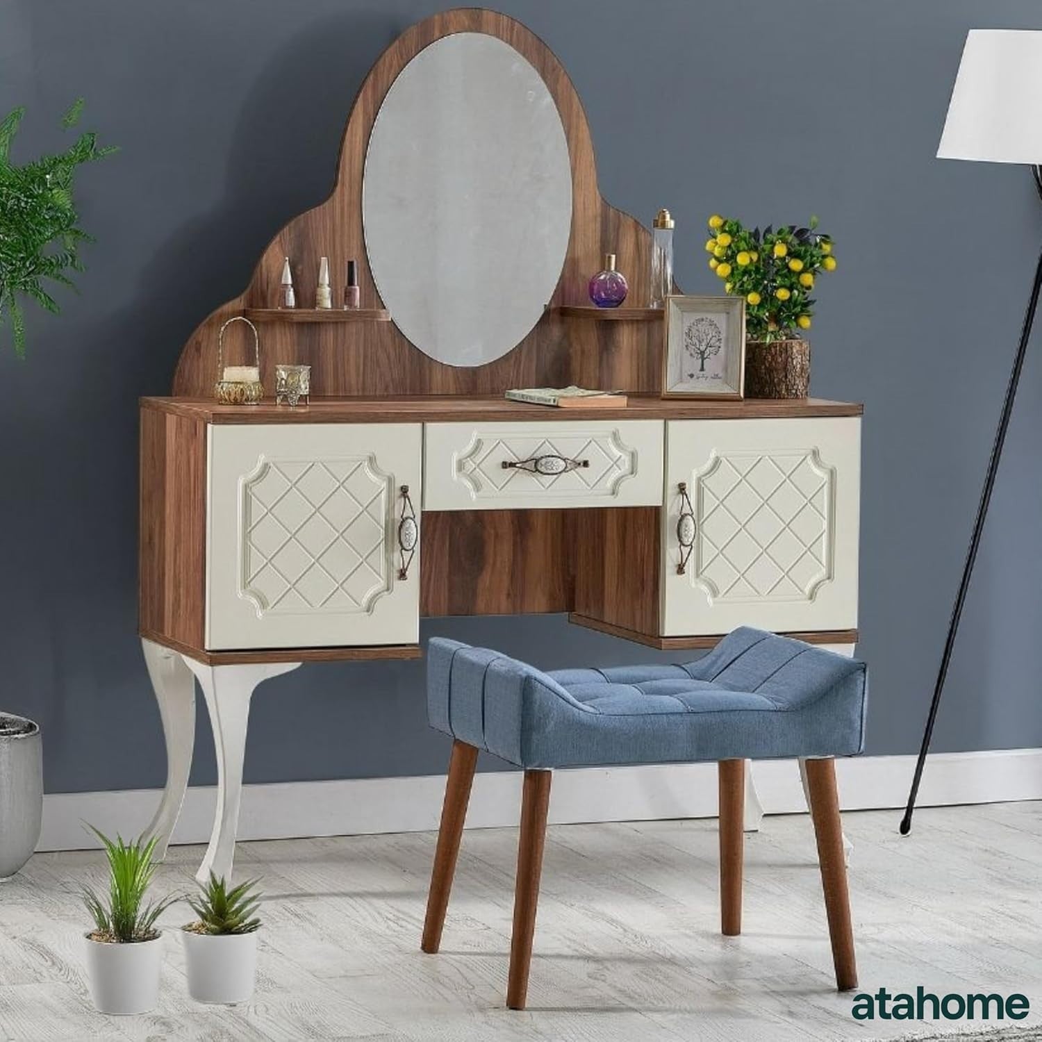 Blue Padded Dressing Table Stool Modern Vanity Makeup Chair Bedroom