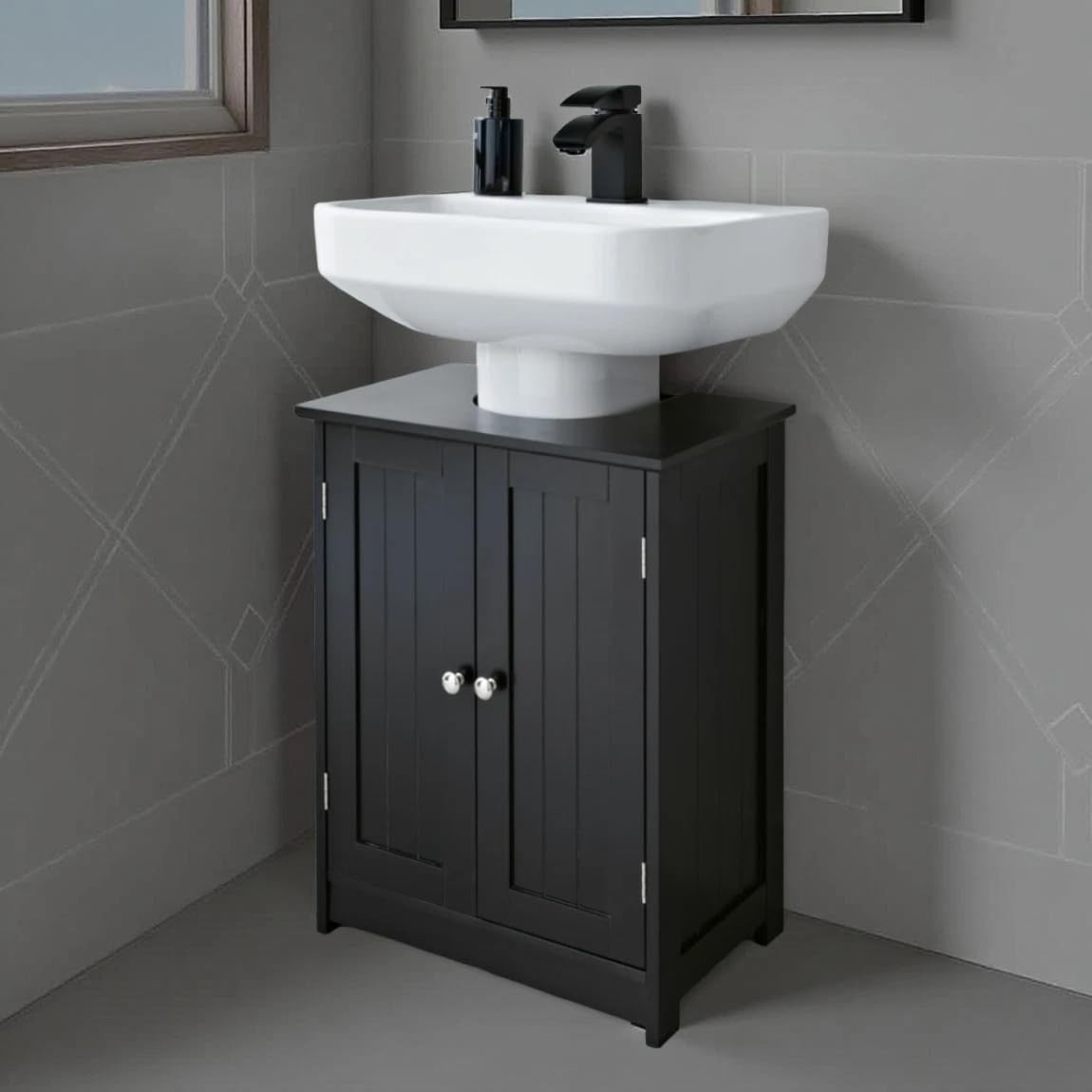 Black Under Sink Bathroom Cabinet – 2 Door Storage Unit with Shelves 60x48x66cm