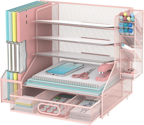 5-Tier Mesh Desk Organiser with File Holder, Pen & Drawer – Pink