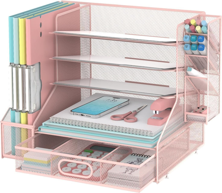 5-Tier Mesh Desk Organiser with File Holder, Pen & Drawer – Pink
