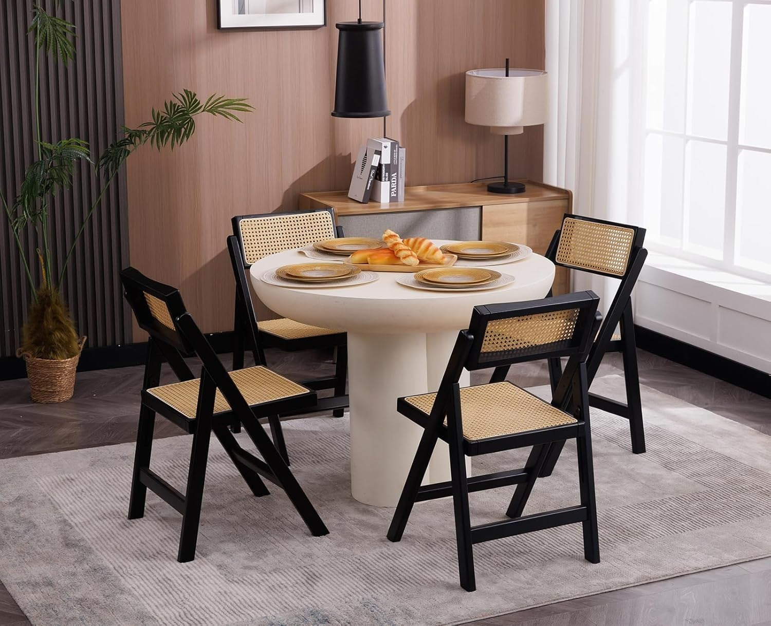 Foldable Rattan Dining Chairs Set of 2 Mid Century Space Saving Kitchen Seats