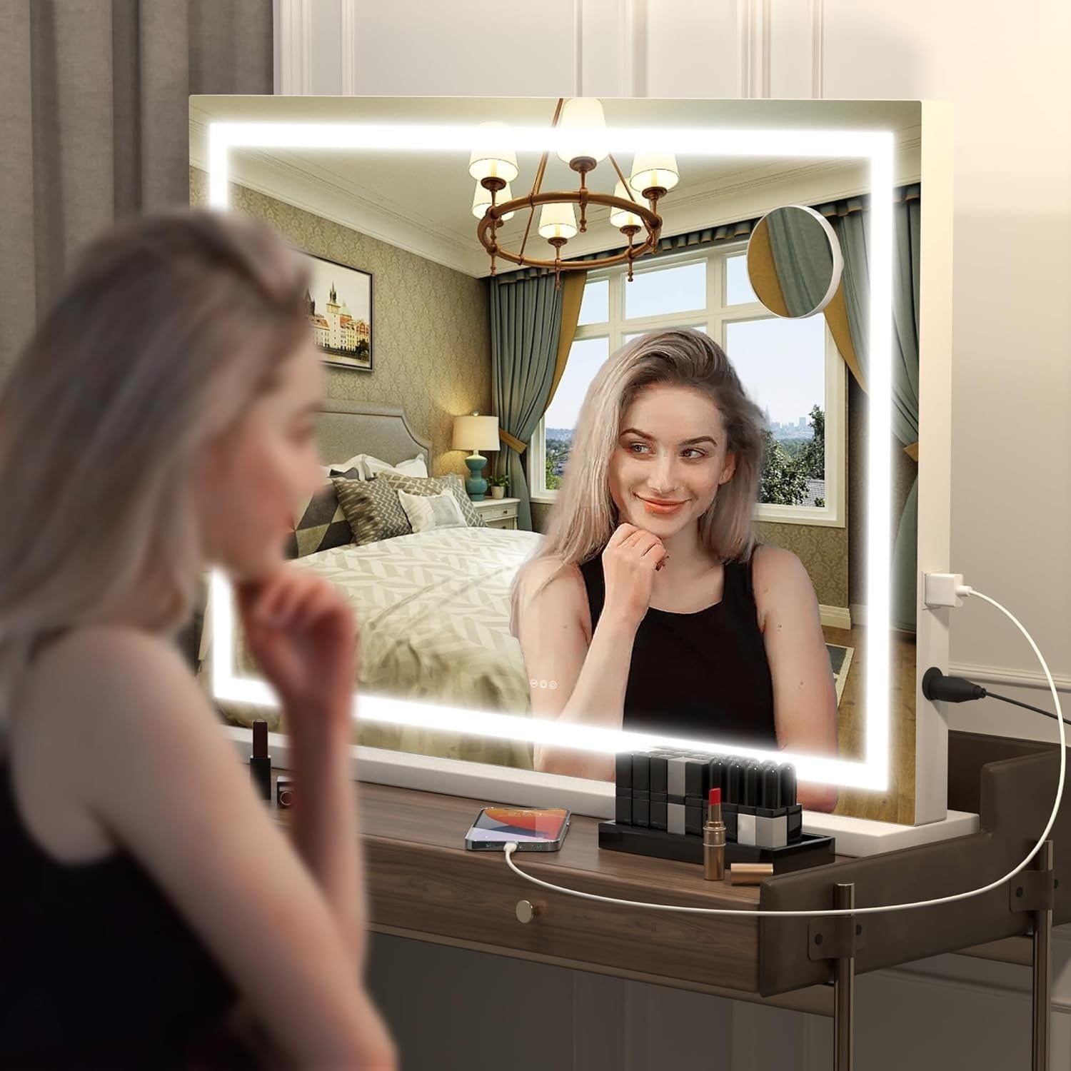 LED Vanity Mirror 80x58cm with Lights, 3 Light Modes, Touch Dimming Wall/Table