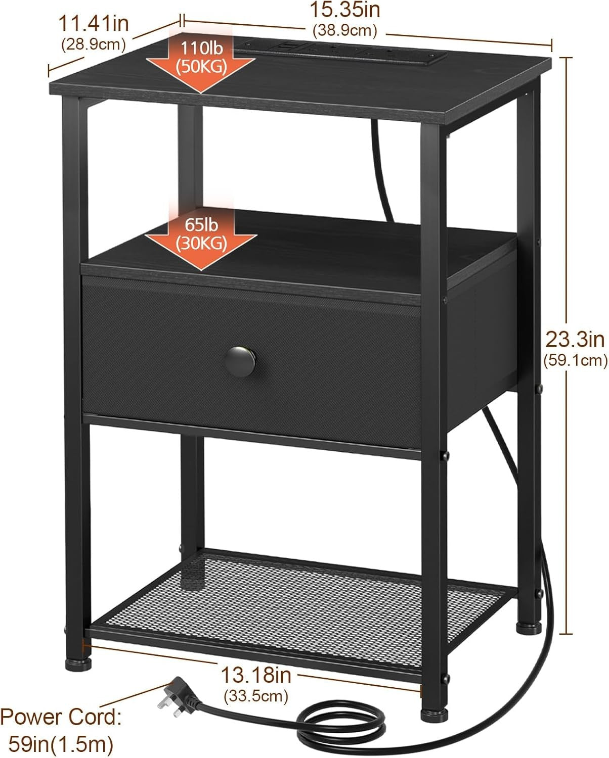 Set of 2 Bedside Tables with Charging Station, Fabric Drawer & Storage Shelf