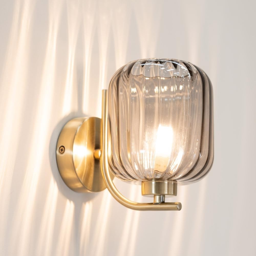 Gold Art Deco Wall Lights Pair Ribbed Glass Shade Modern Vintage Sconce