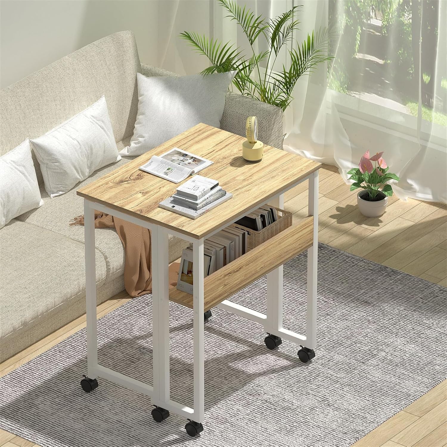 Folding Computer Desk on Wheels with Storage Shelf Space Saving 80x50cm