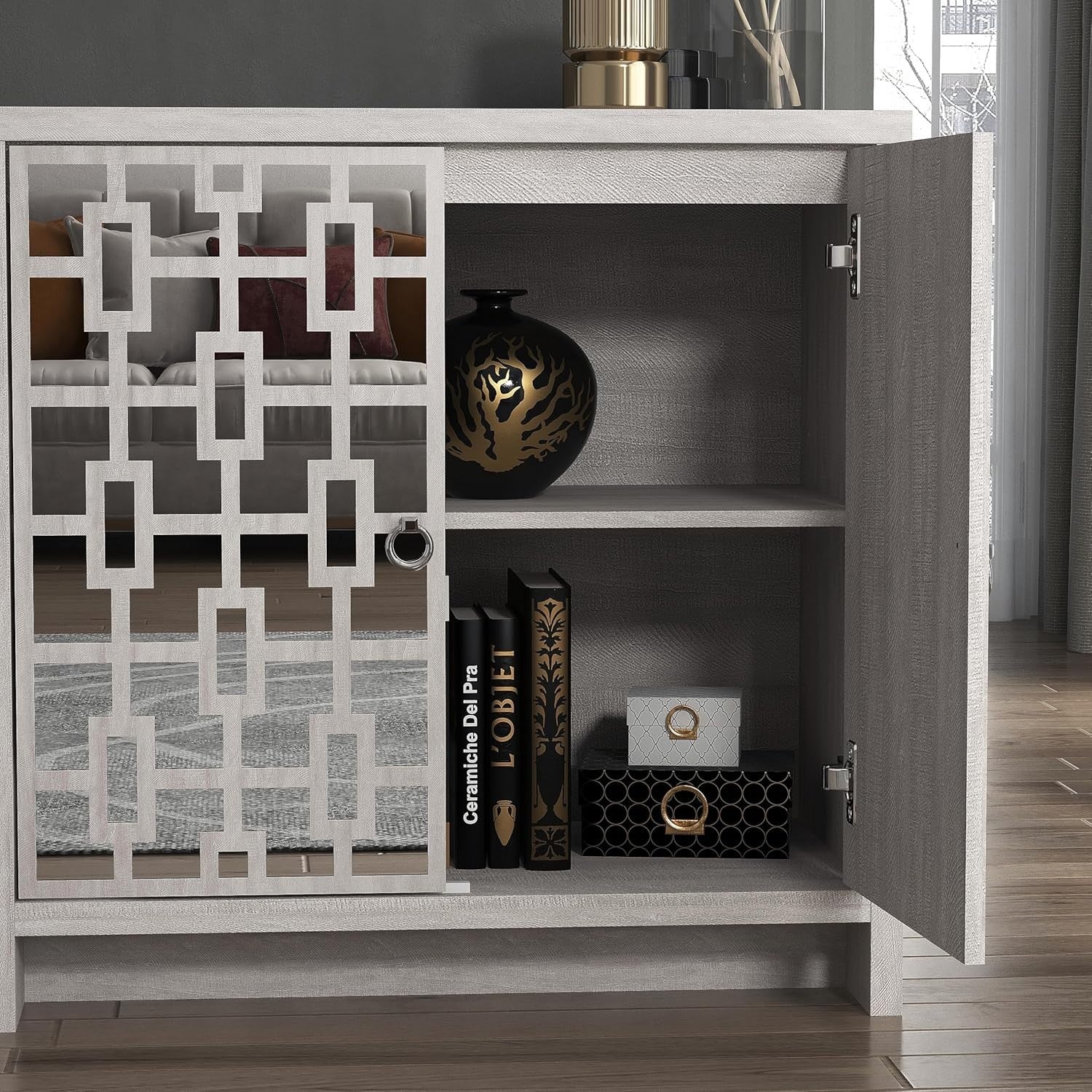 Grey Mirrored Sideboard 2 Door Cabinet Modern Storage Unit Hallway
