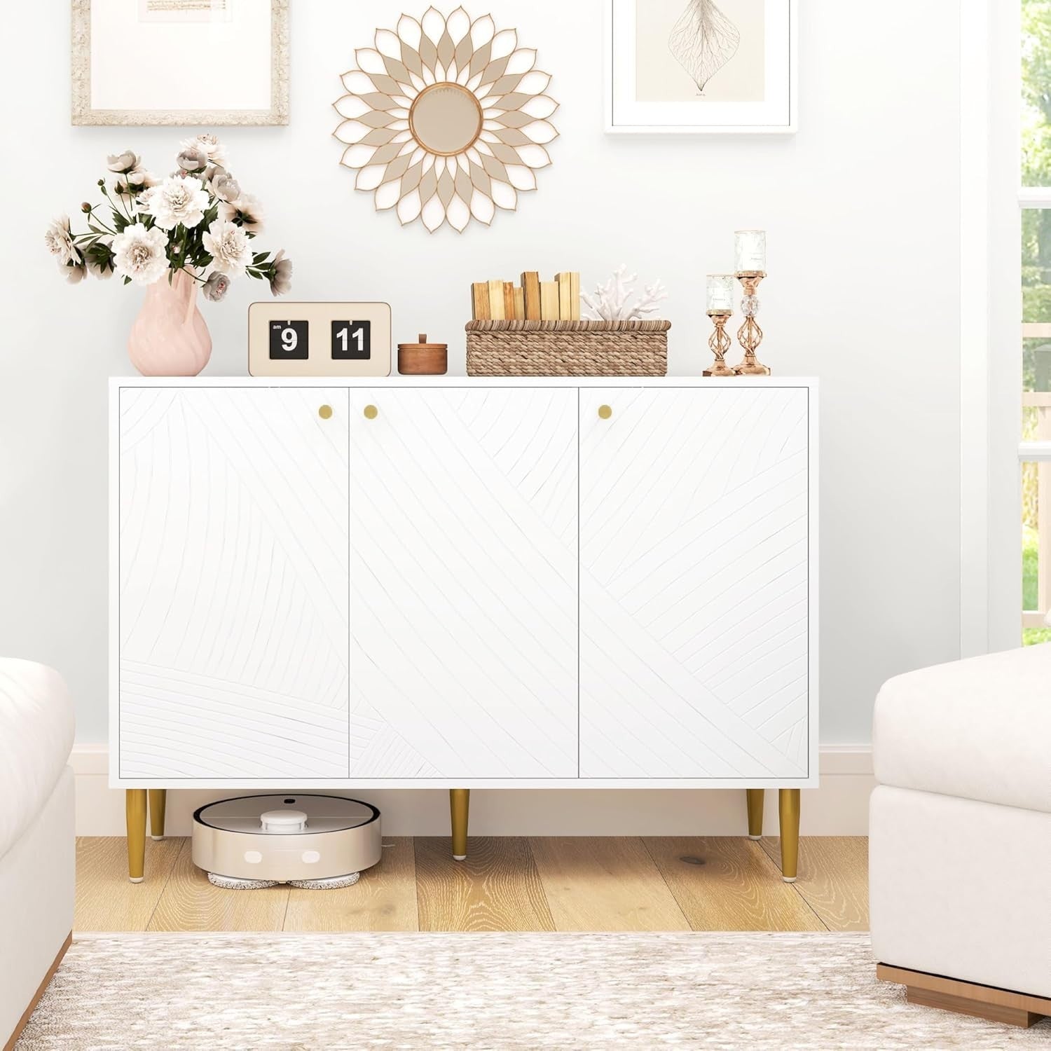 White Modern Sideboard Cabinet 3 Doors Adjustable Shelves Anti-Tip Storage