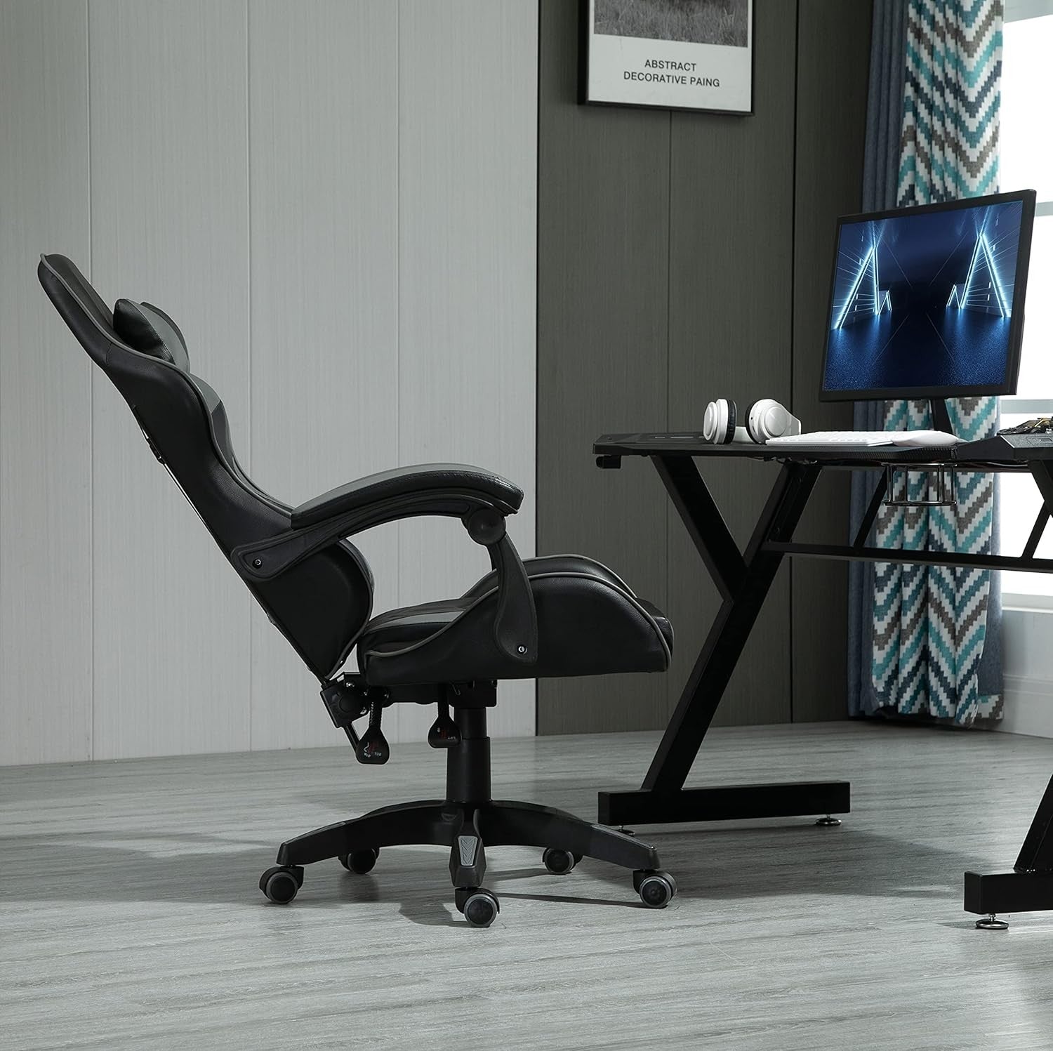 Reclining Gaming Chair Faux Leather Office Desk Chair w/ Lumbar Grey