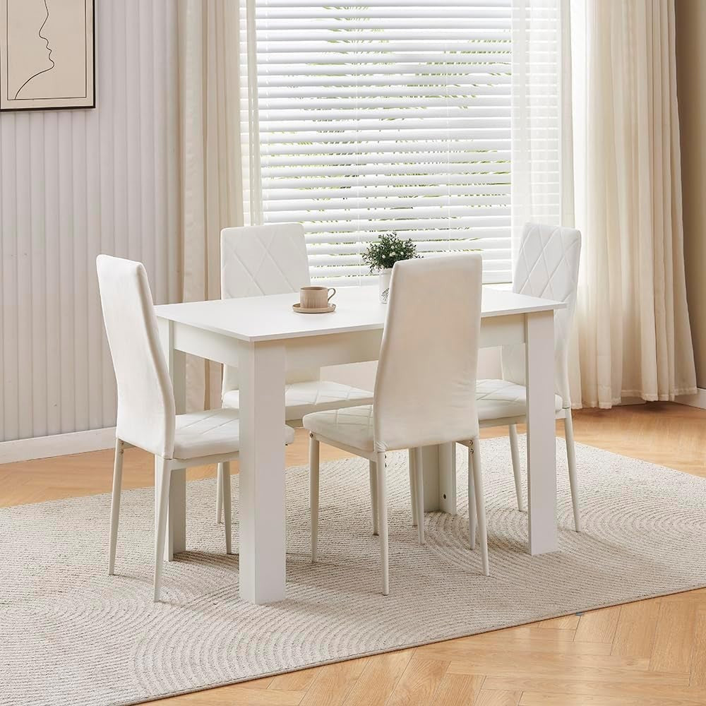 Modern 5-Piece Dining Set White Table White Velvet Chairs Compact Kitchen