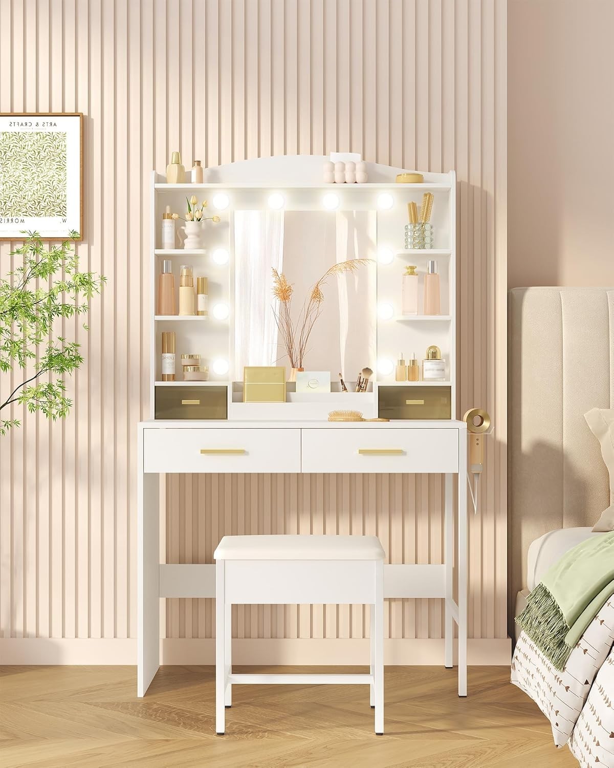 Vanity Makeup Dressing Table Set w/ Lighted Mirror, 4 Drawers, Modern White