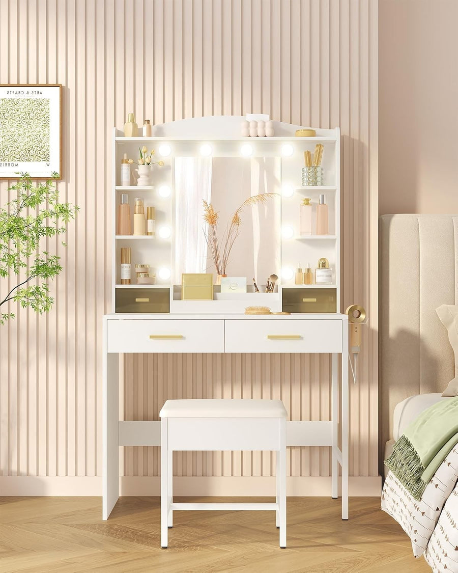 Vanity Makeup Dressing Table Set w/ Lighted Mirror, 4 Drawers, Modern White