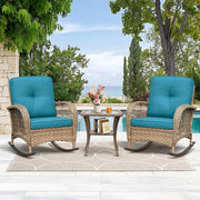 2 Seat Rattan Rocking Bistro Set w/ Table & Turquoise Cushions for Patio