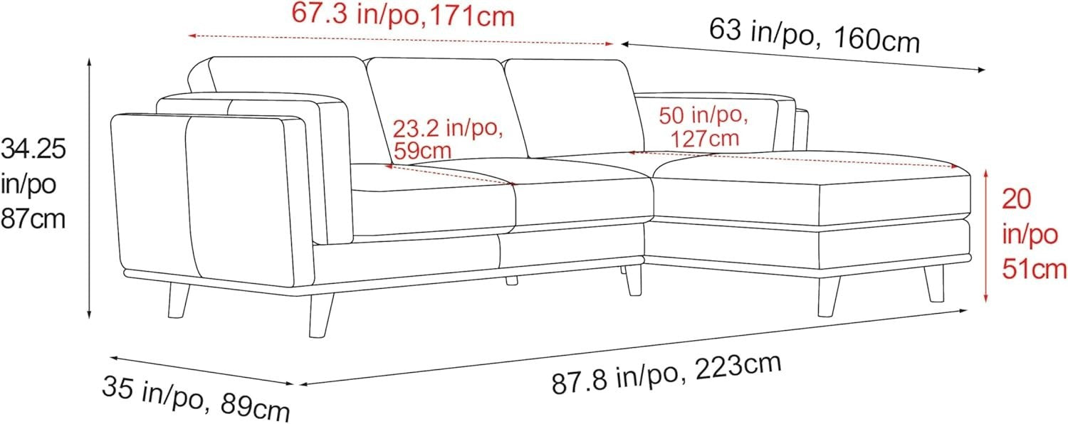 Italian Leather Sectional Sofa Chaise - Solid Wood - Modern Cognac Couch