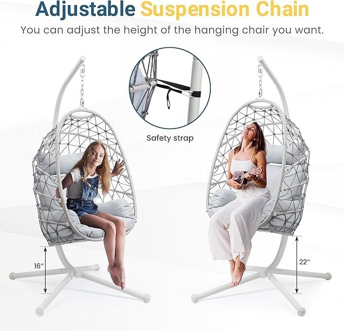 Luxury Egg Hanging Chair with Stand Indoor Outdoor Rattan Swing Seat 350lbs