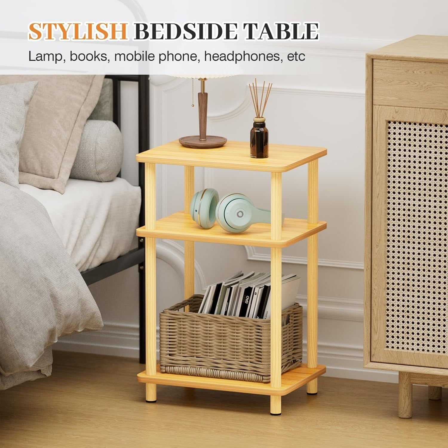 Slim 3-Tier Side Table with Storage Shelf – Small Space Bedside Nightstand
