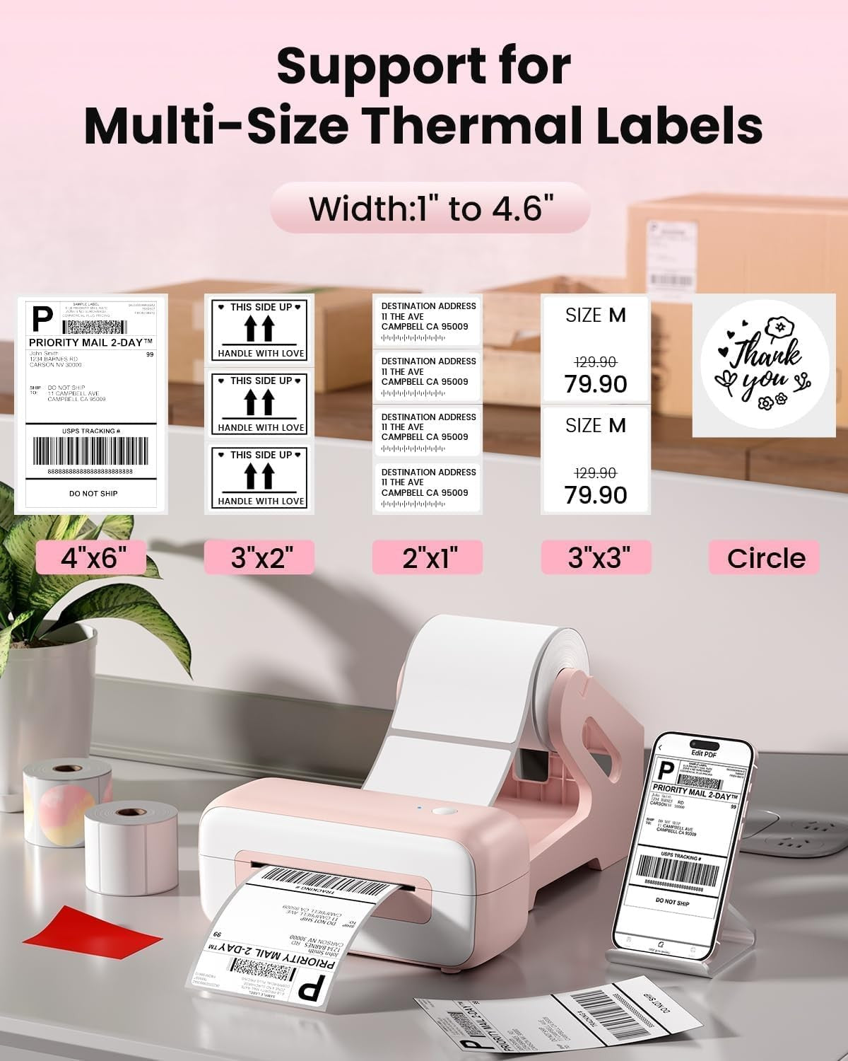 Bluetooth Thermal Shipping Label Printer 4x6 Desktop Pink
