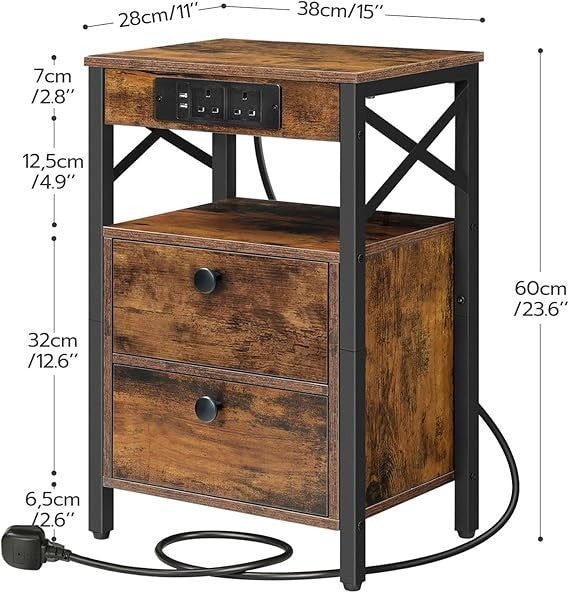 Rustic Charging Bedside Table with USB Ports, 2 Drawers, Small Space Nightstand