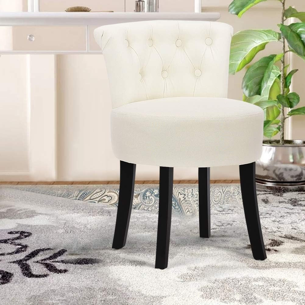 Beige High-Back Vanity Chair – Padded Dressing Table Stool with Wood Legs