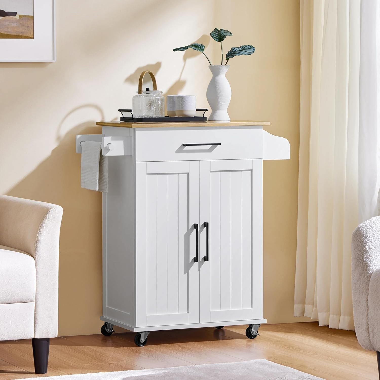 Kitchen Island Cart on Wheels w/ Bamboo Top Cabinet