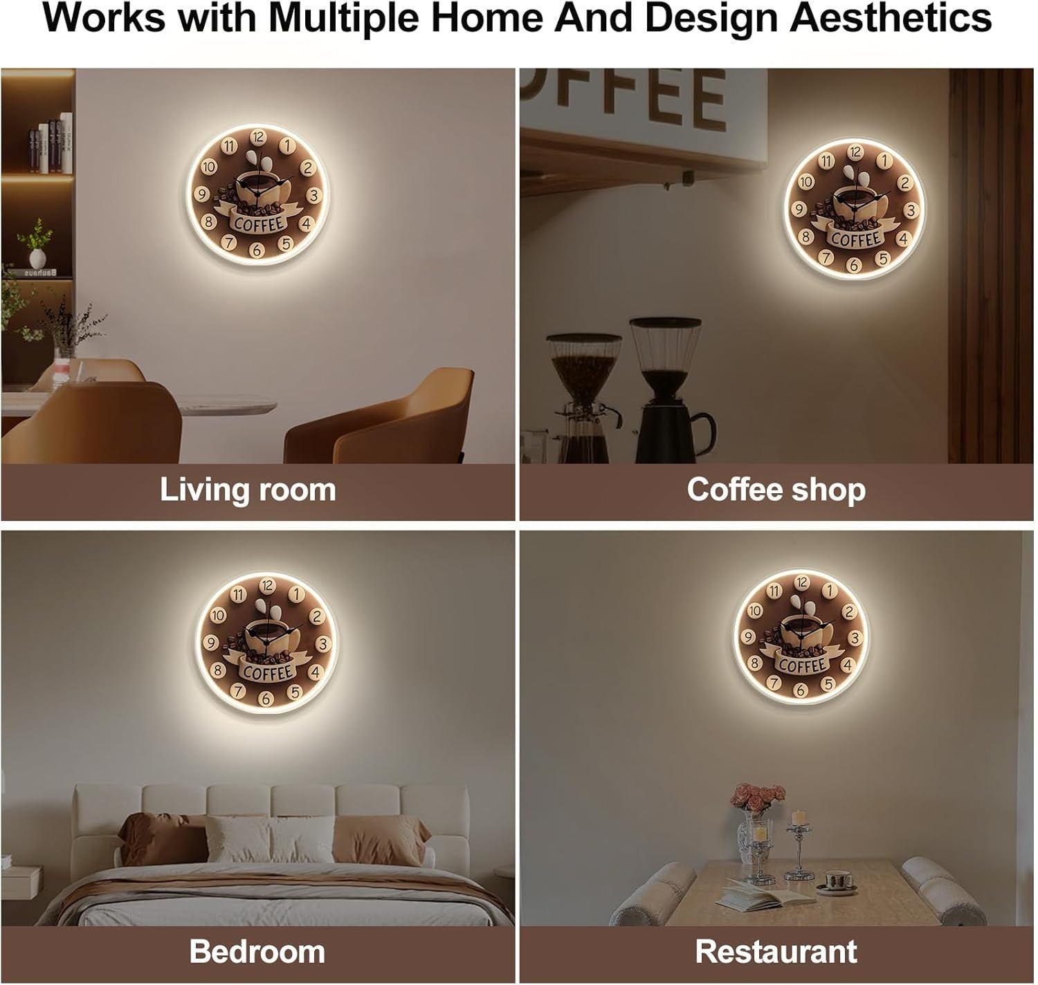 Coffee Neon Wall Clock LED Dimmable Silent Kitchen Cafe Home Decor