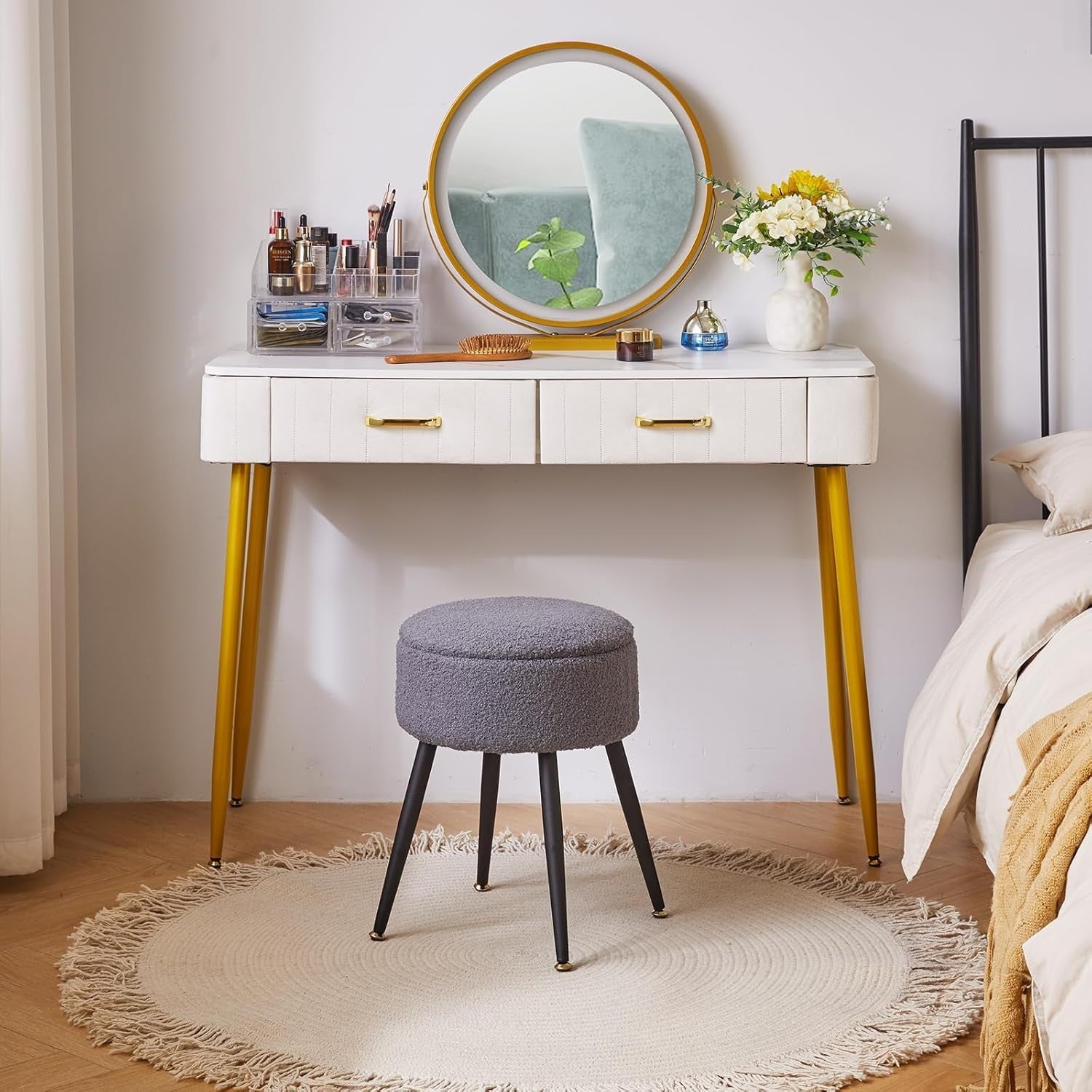 Grey Teddy Fur Vanity Stool with Storage – Round Ottoman Chair with Metal Legs