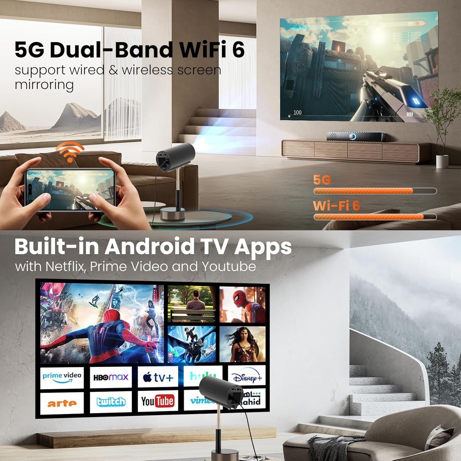 Mini Smart Projector 1080P WiFi 6 Bluetooth Auto Focus Lift Stand