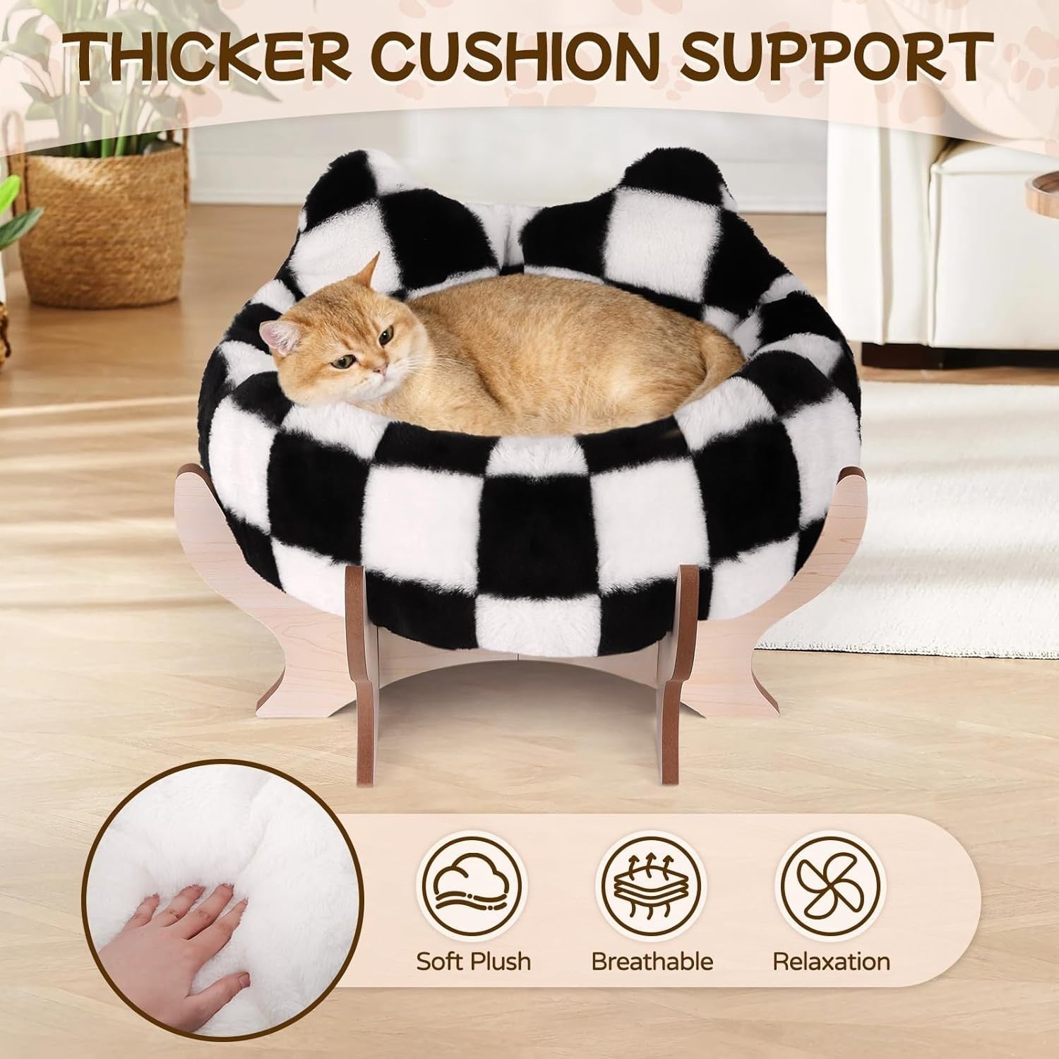 Elevated Cat Bed Plush Faux Fur Pet Sofa w Wooden Stand Anti Slip
