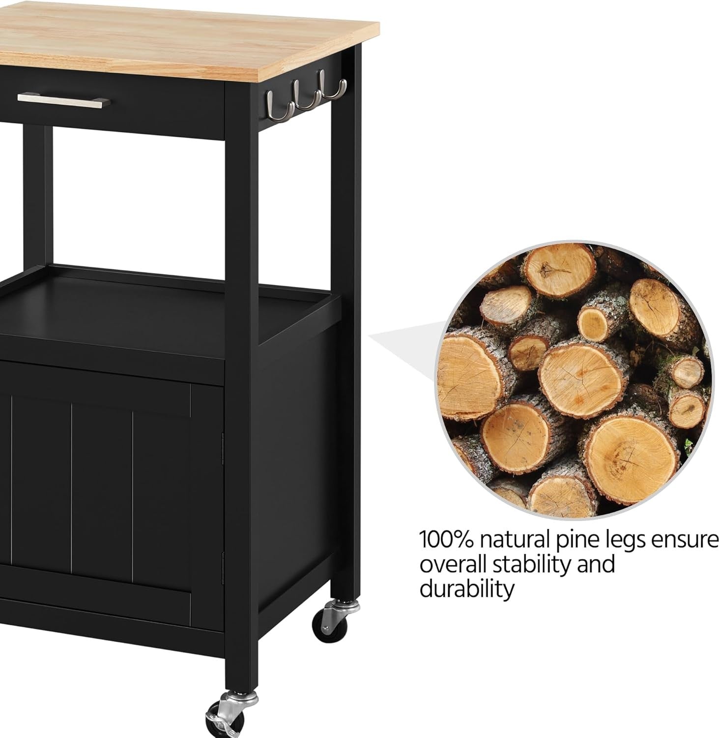 Kitchen Island Trolley on Wheels with Cabinet Drawer Hooks Rolling Utility Cart