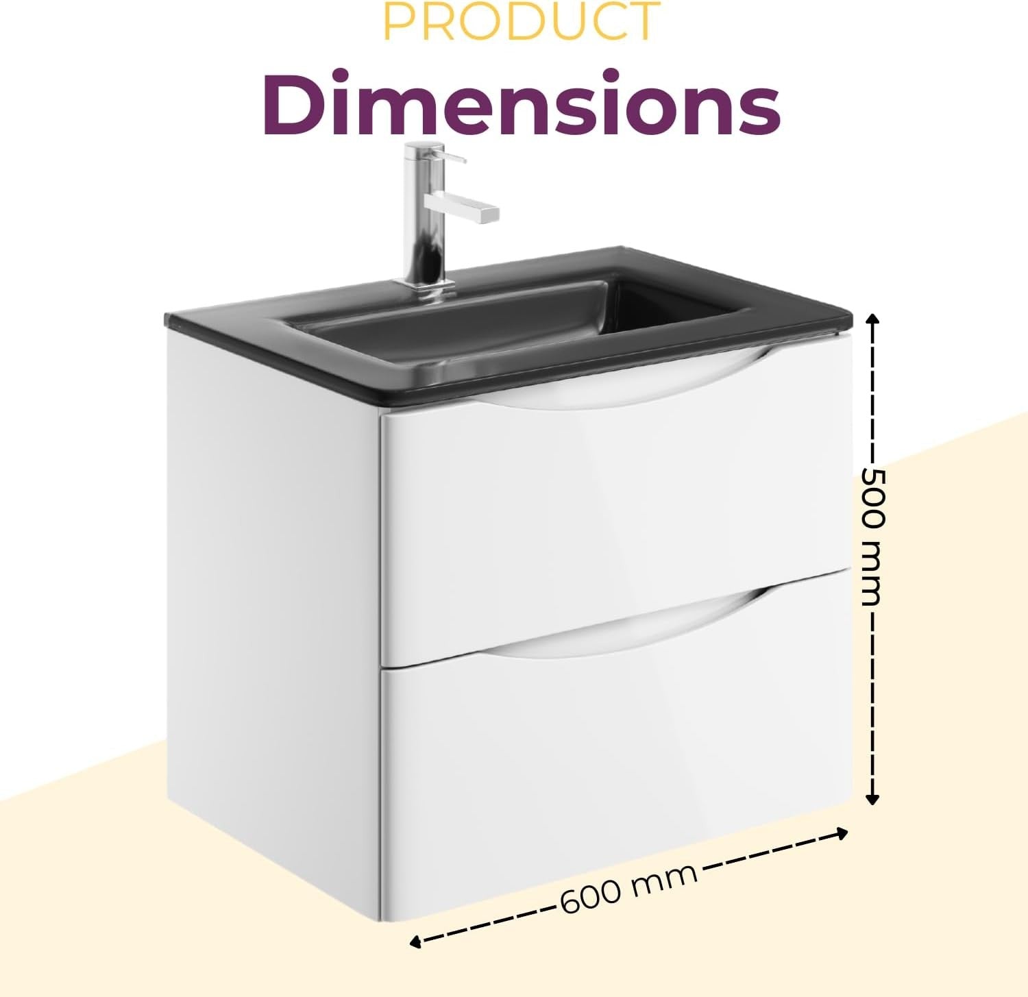 600mm Wall Hung Vanity Unit White Gloss with Grey Glass Basin Bathroom Storage