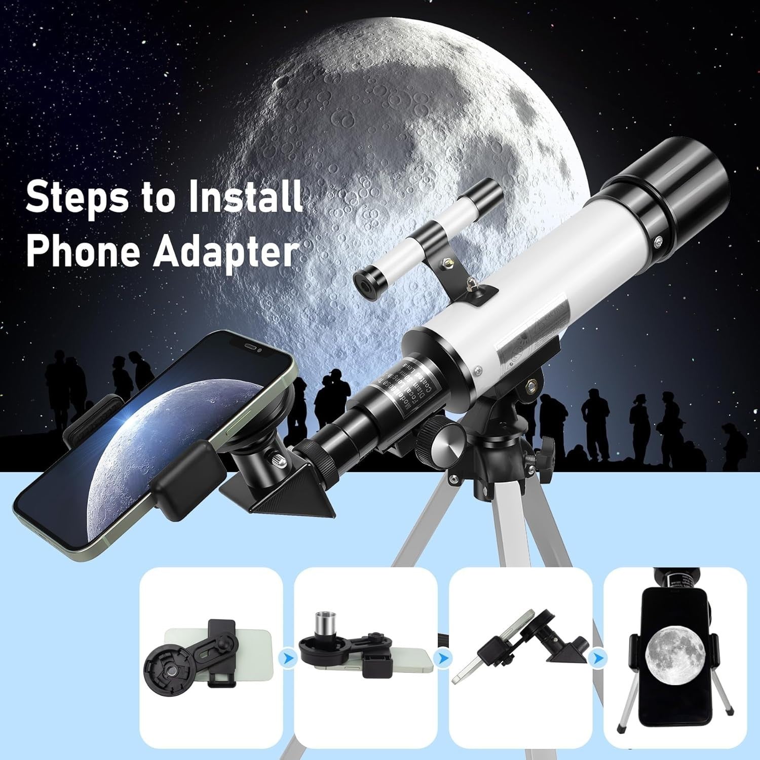50mm Refractor Telescope Kids Beginners 360mm Travel Scope Tripod Phone Adapter