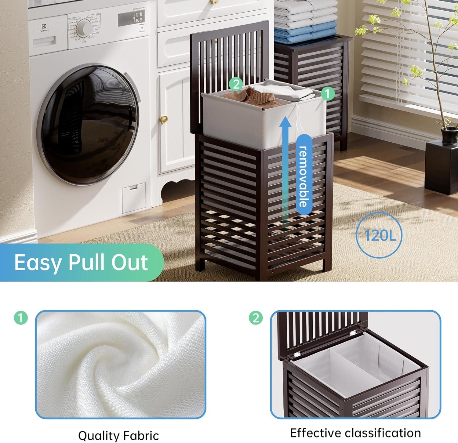 Double Bamboo Laundry Hamper with Lid 120L 2 Section Basket Brown 47x47x65cm
