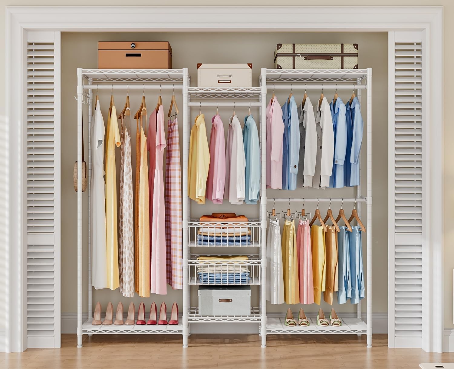 Heavy Duty Clothes Rail White with Shelves & Baskets 320kg