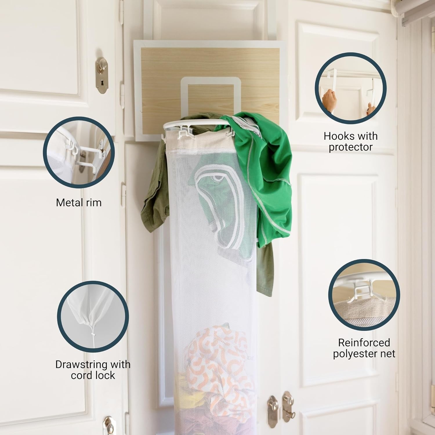 White Oak Basketball Laundry Hamper Over-Door Hoop Large Foldable Clothes Basket