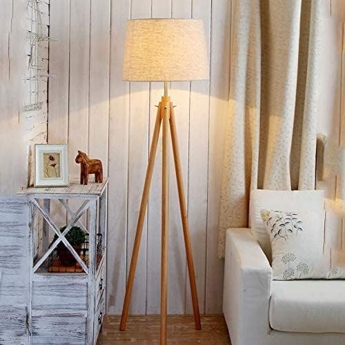 Tripod Floor Lamp Warm LED Reading Light Beige Shade Polished Wood