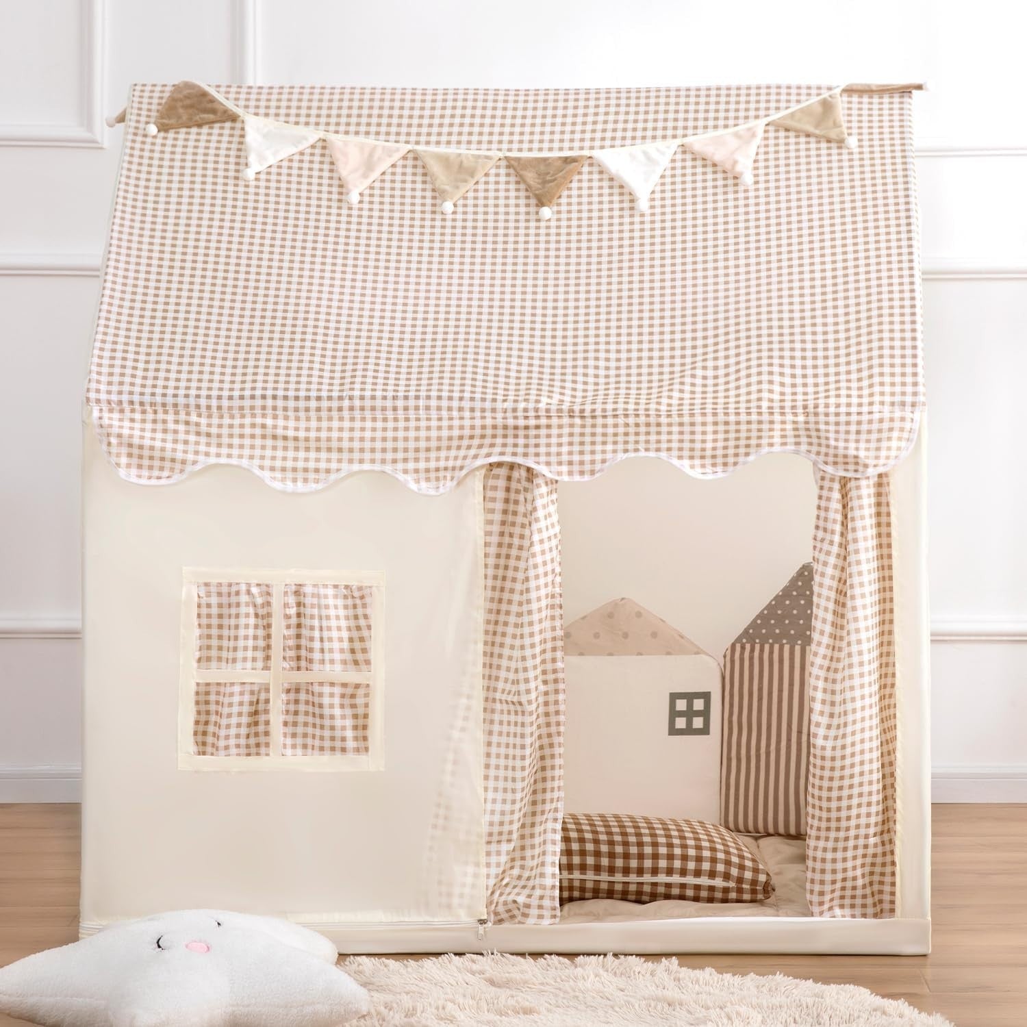 Kids Teepee Play Tent Beige Star Lights Indoor Outdoor Washable House