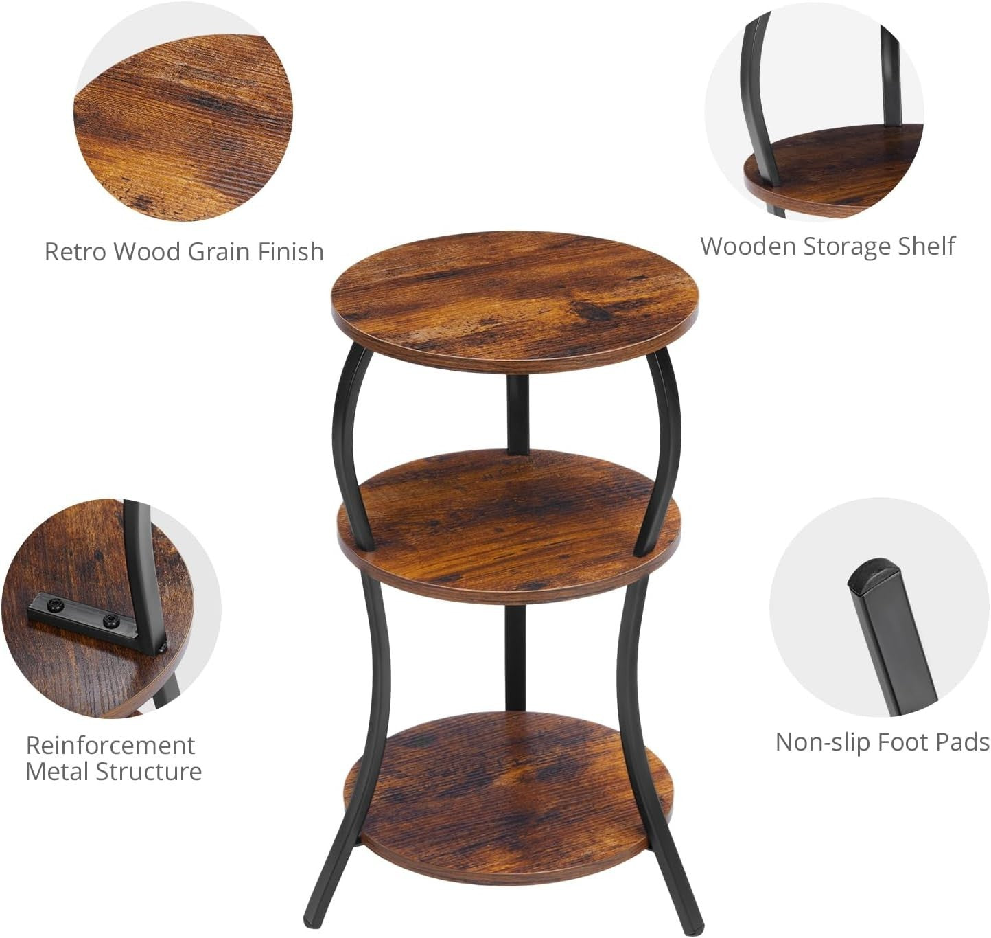 Brown 3-Tier Round Side Table 30x30x55 cm | Slim End Table w/ Storage