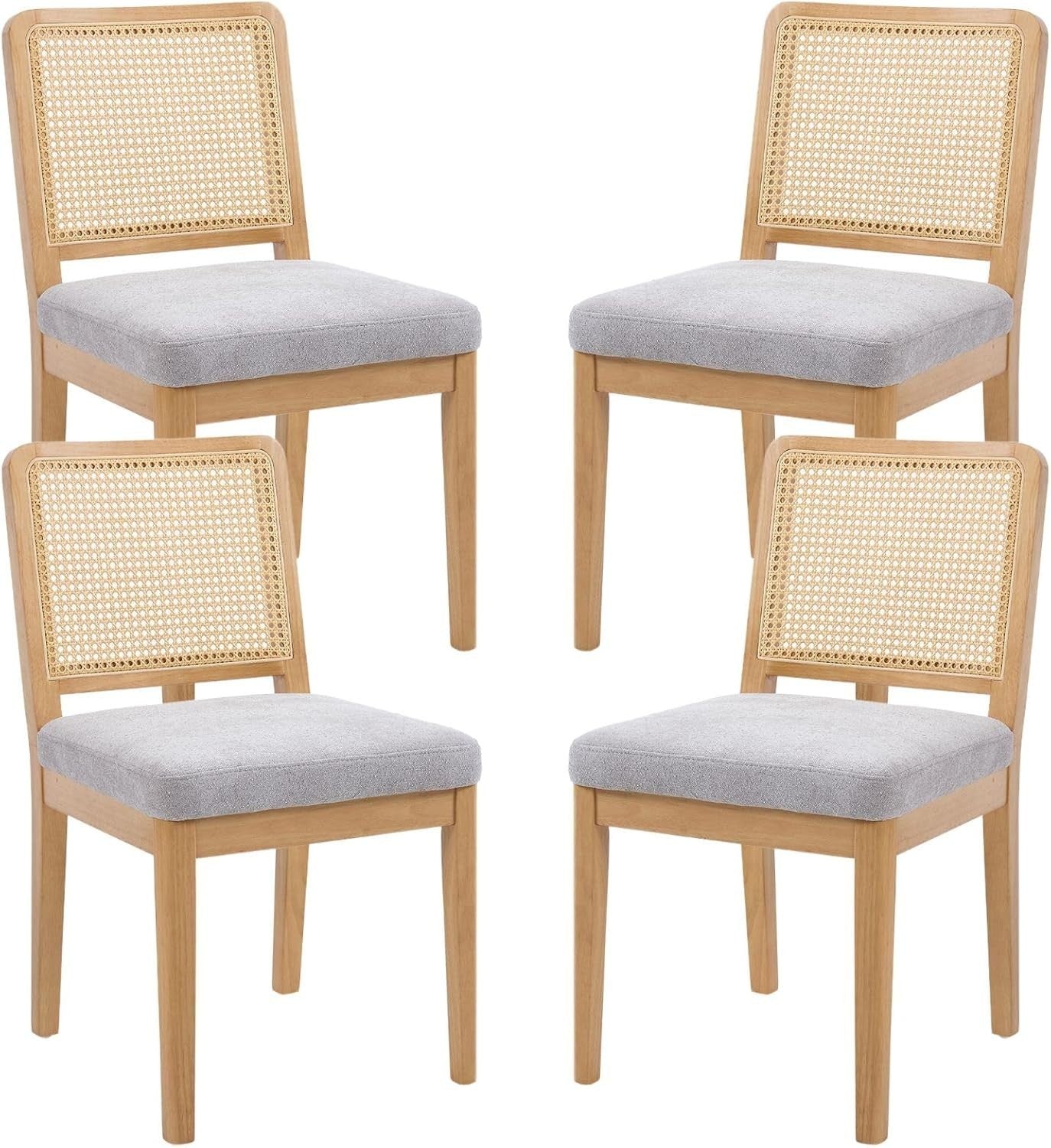 Grey Rattan Dining Chairs Set of 4 Upholstered Mid Century Solid Wood Seats