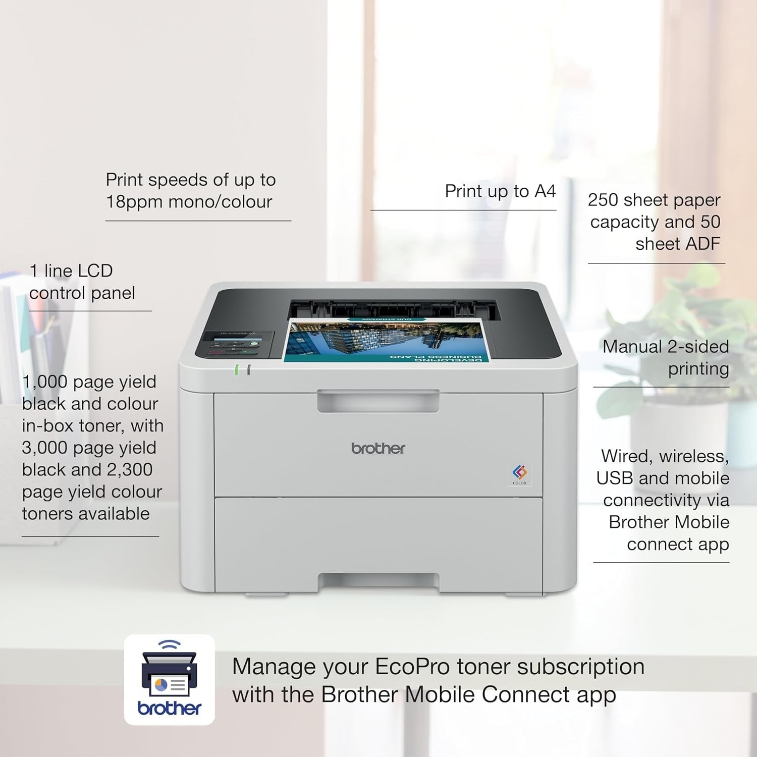 Colour Laser Printer A4 Wireless USB EcoPro Subscription Grey 18ppm