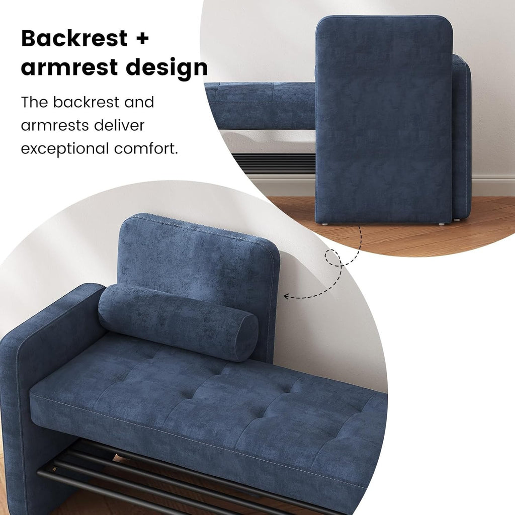 104cm Entryway Bench with Shoe Storage, Upholstered Blue Modern Seat