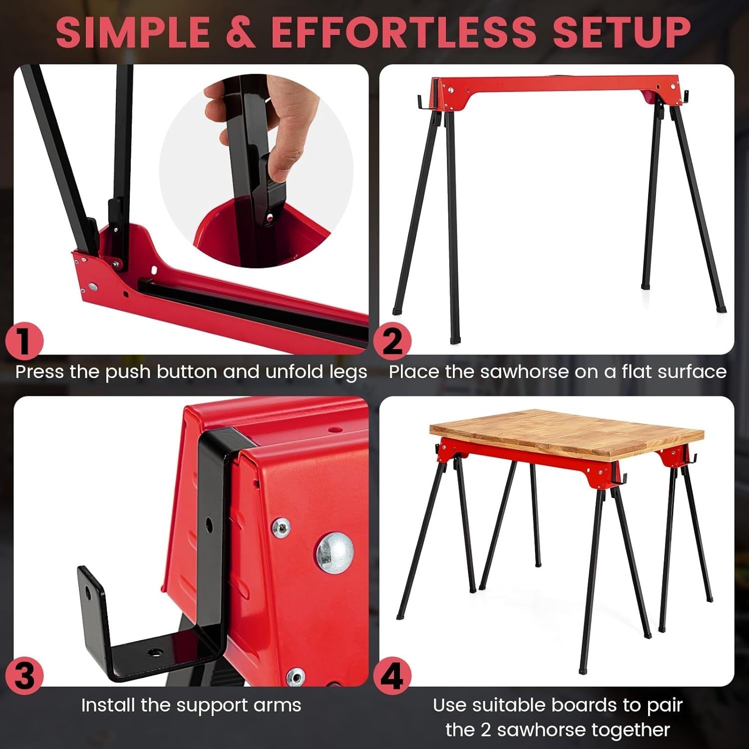 Folding Sawhorse Twin Pack Heavy Duty 454kg 2x4 Support Arms Red 92x48