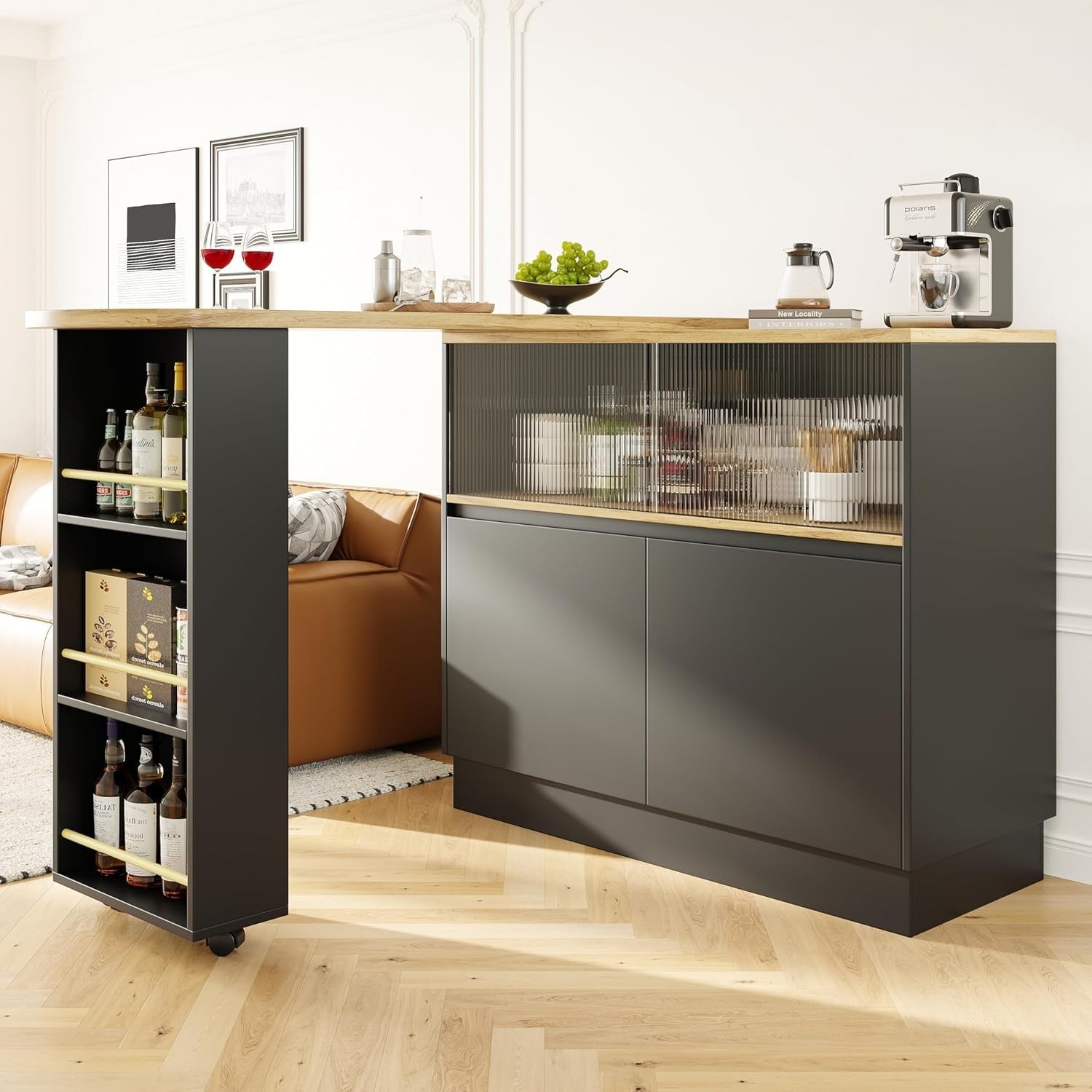 360° Rotating Extendable Kitchen Island Table with Glass Doors & Storage