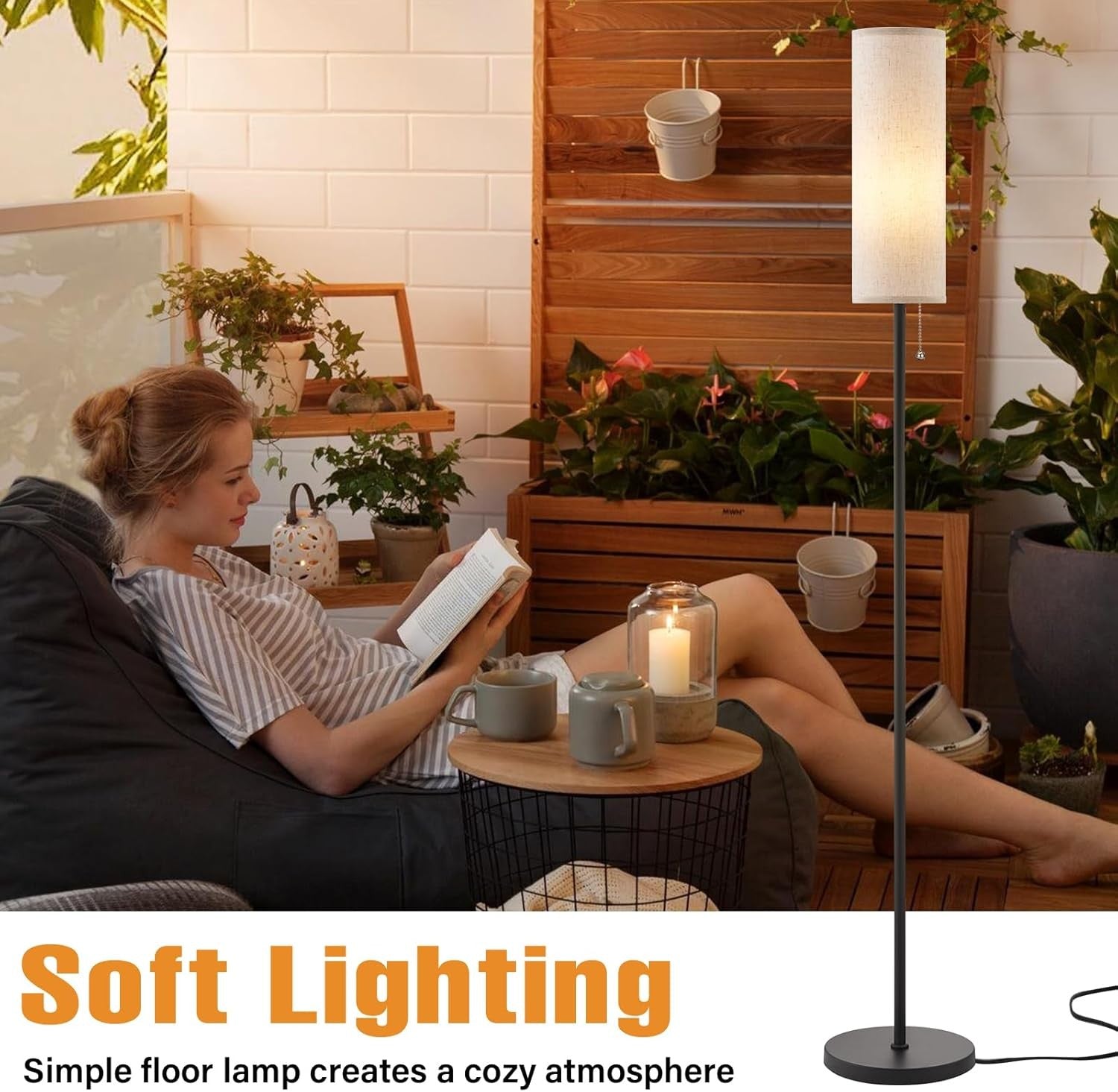 Beige Floor Lamp 64in Standing Lamp Bedroom Living Room Bulb Included