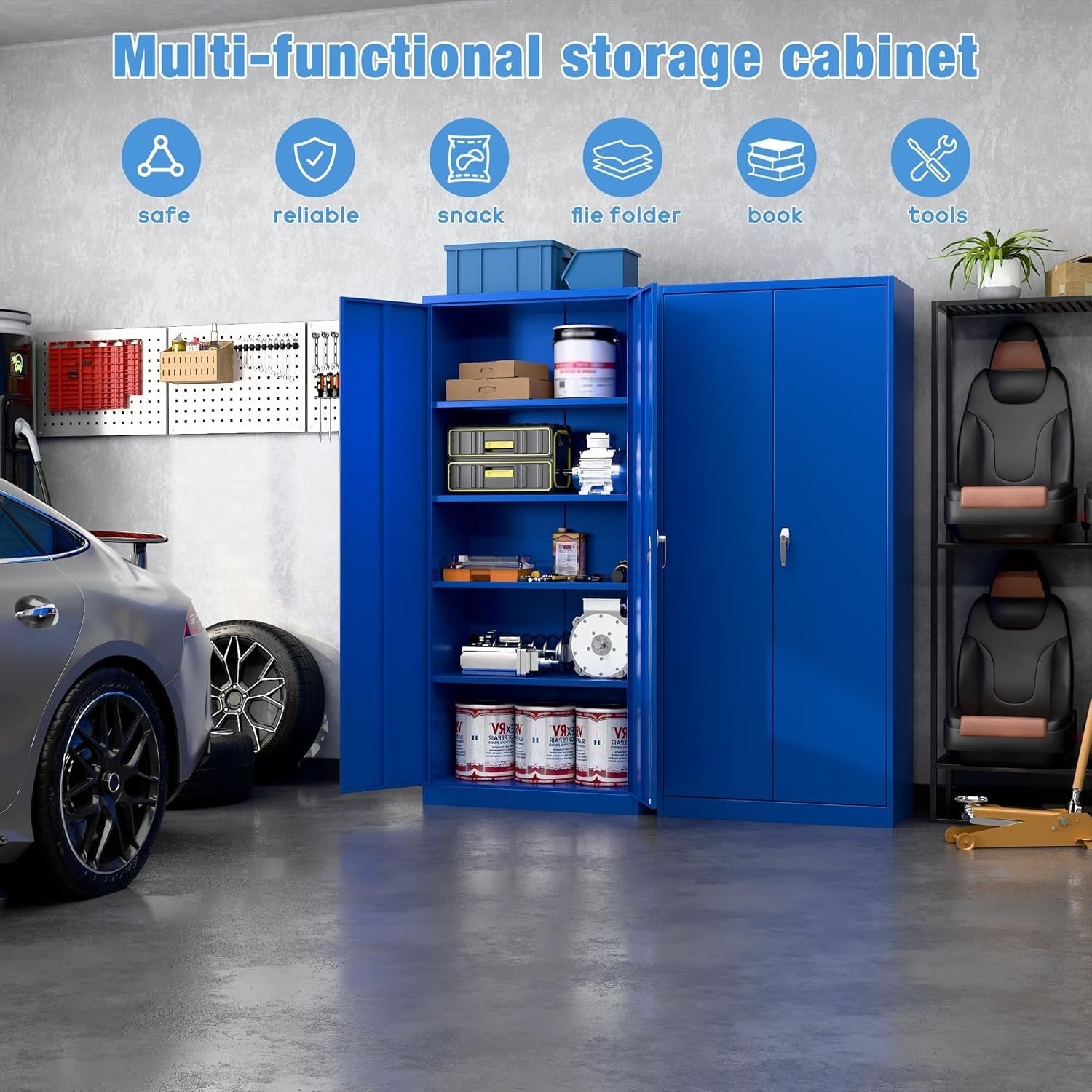 Blue Metal Storage Cabinet 180cm with Lock & Adjustable Shelves – Tall Cupboard