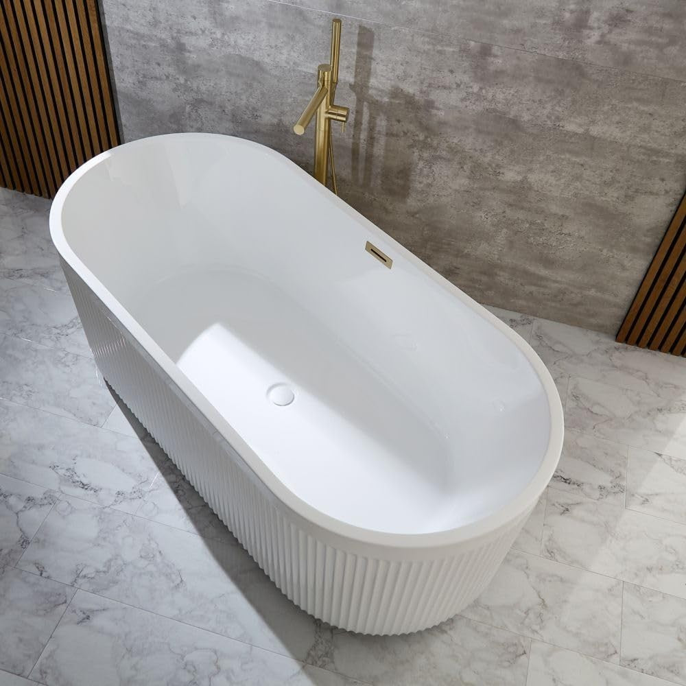 White Freestanding Double Ended Fluted Bath 1700x800mm Brass Overflow